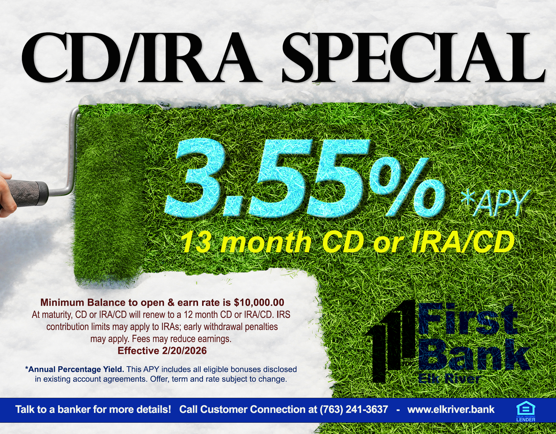 Advertisement for CD/IRA special rate, 3.55% APY on 13 month term. Ad is a paint brush with grass, indicating spring is coming.