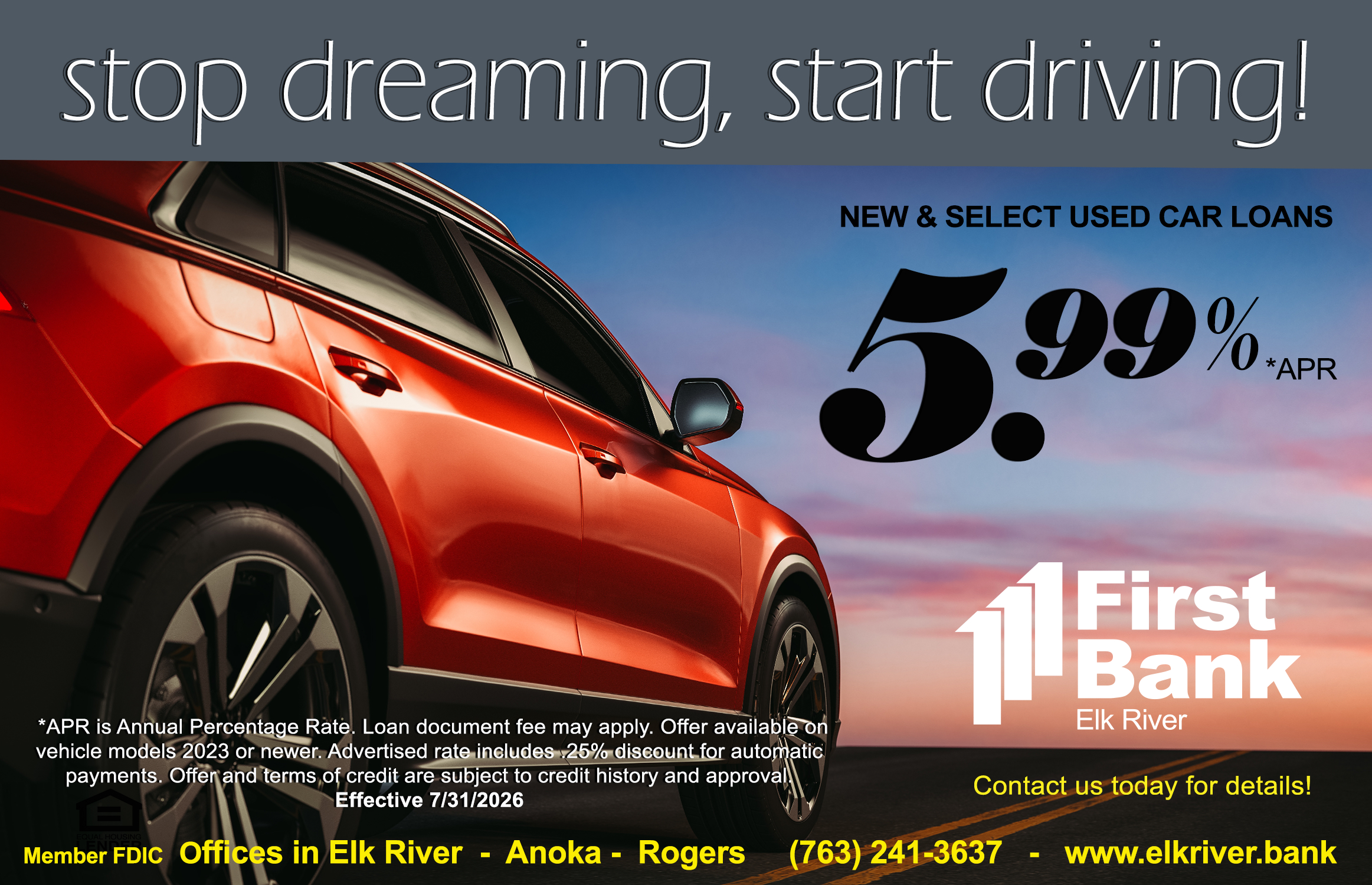 car loan add featuring a red car, 5.99% APR new & select used car loans